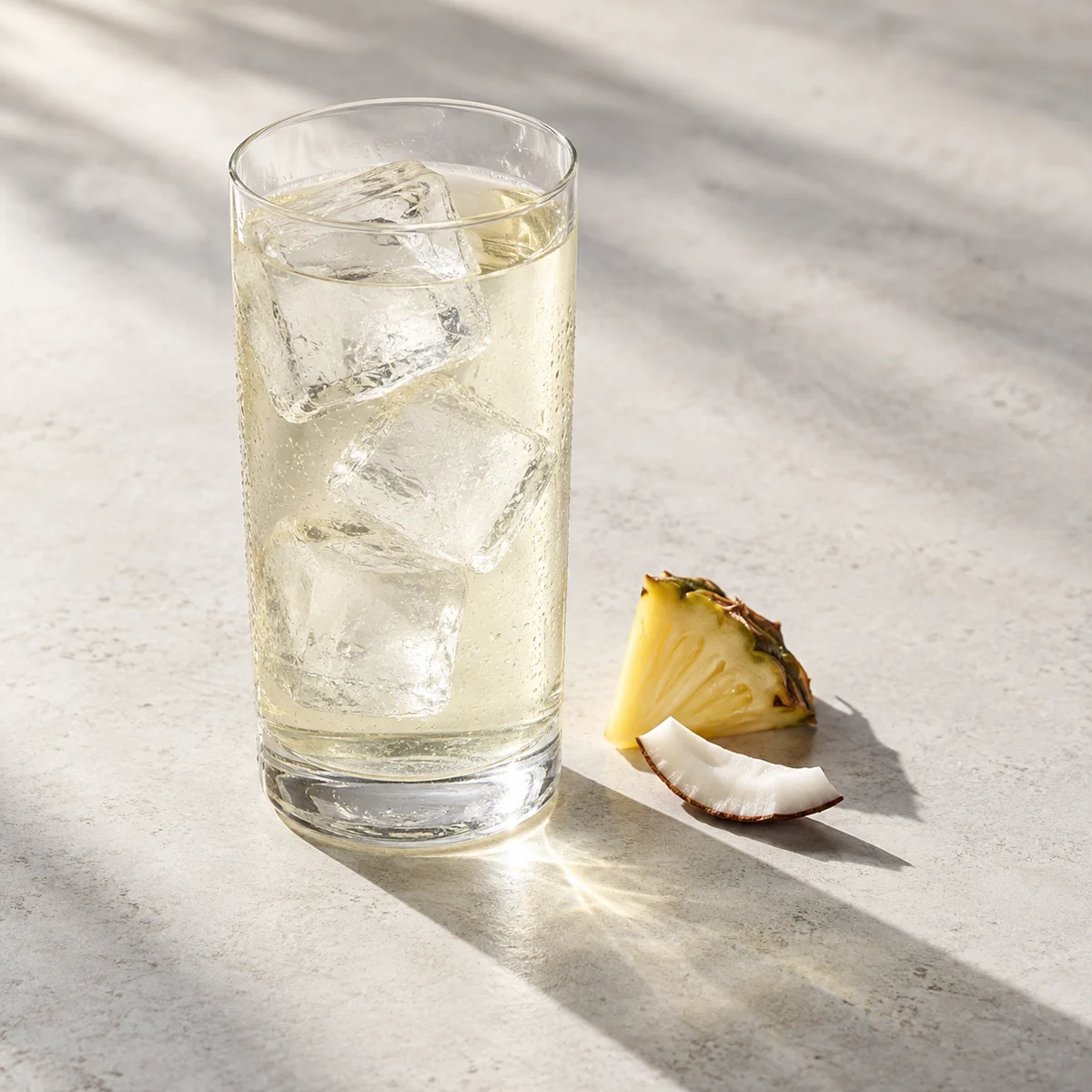 Concept serving: a pale golden drink with ice, pineapple, and coconut