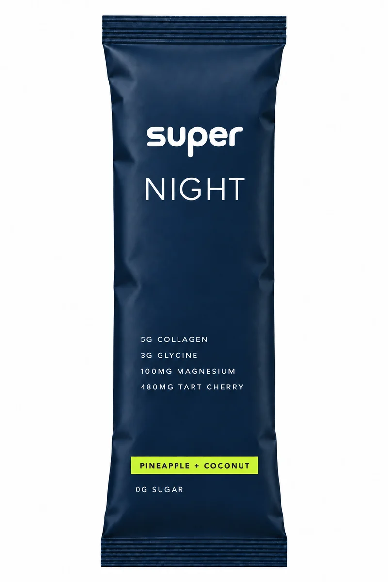 Concept upright matte navy super NIGHT sachet with a Pineapple + Coconut stripe